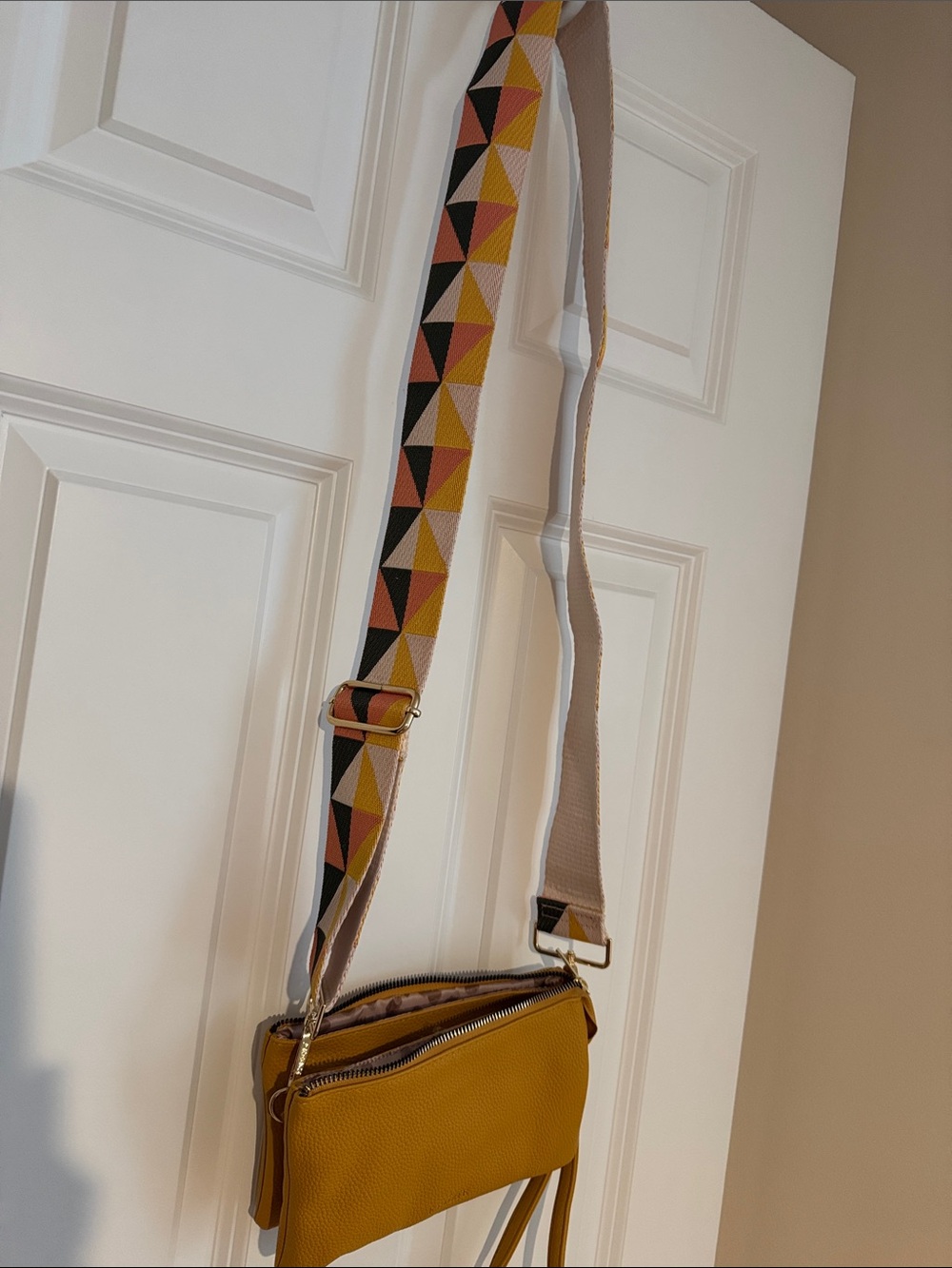 Mustard Yellow Pebbled Crossbody Bag with Geometric Strap